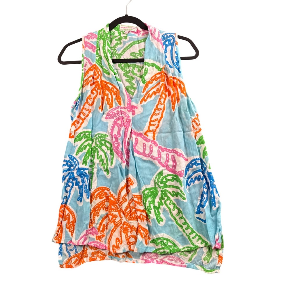 Keylime & Pink M Tropical Palm Print Sleeveless Top Resort Coastal Grandmother